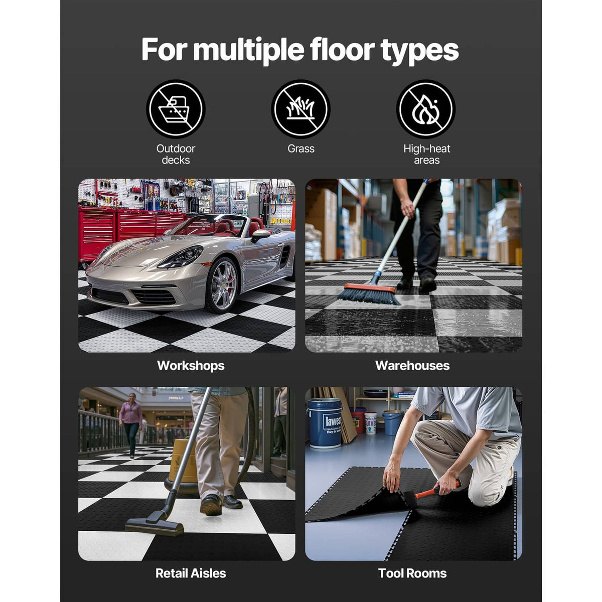 Black interlocking garage floor tiles with textured surface for workshop and warehouse use
