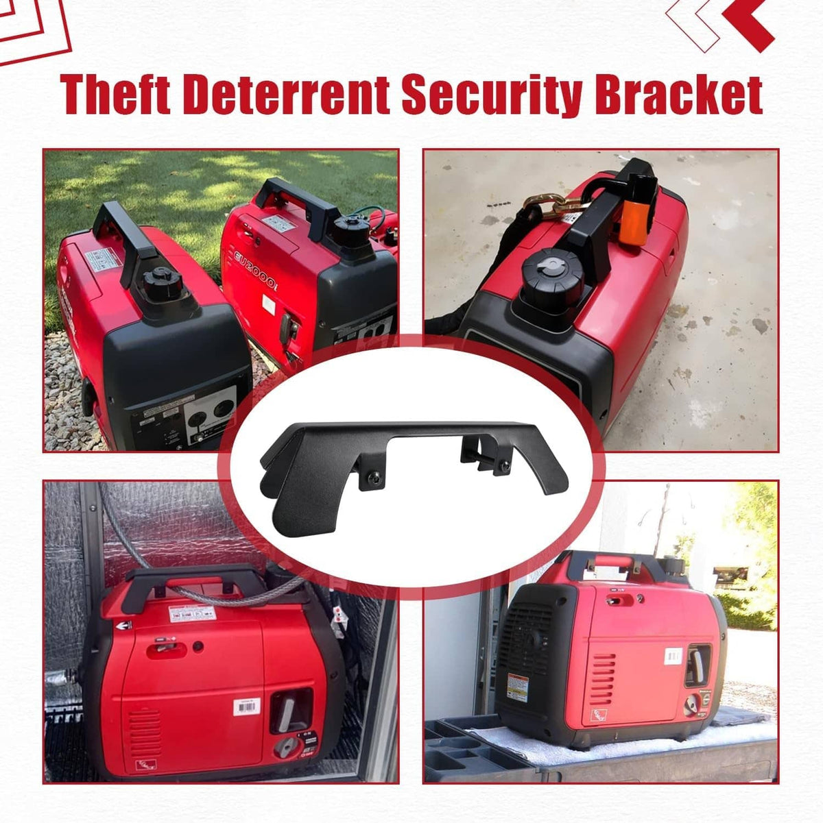 Black theft deterrent security bracket with mounting legs for generator handle
