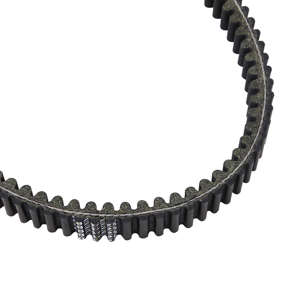 ATV drive belt detail, curved black ribbed teeth with textured sides