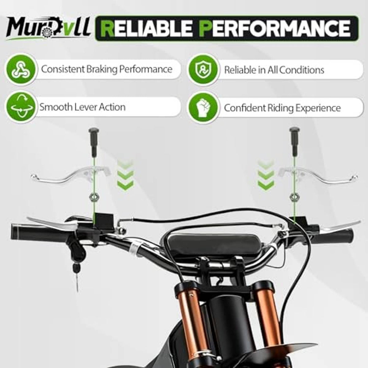 Handlebar view showing two chrome lever handbrakes mounted on a dirt bike
