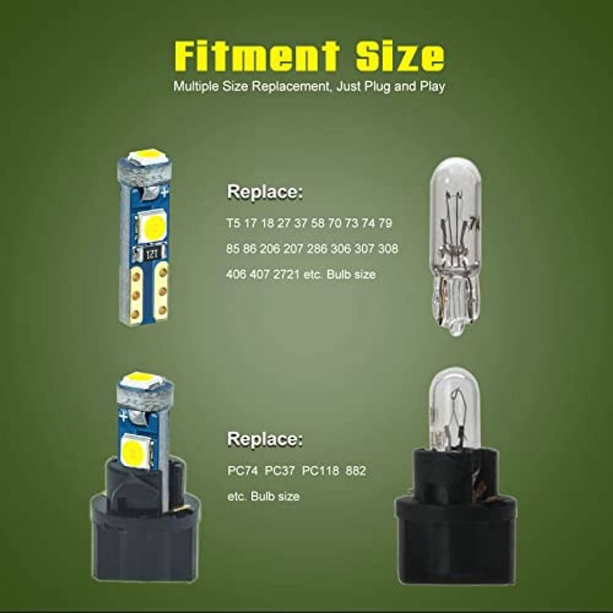 LED instrument bulbs with socket, yellow LED chips, fitment replacement graphic