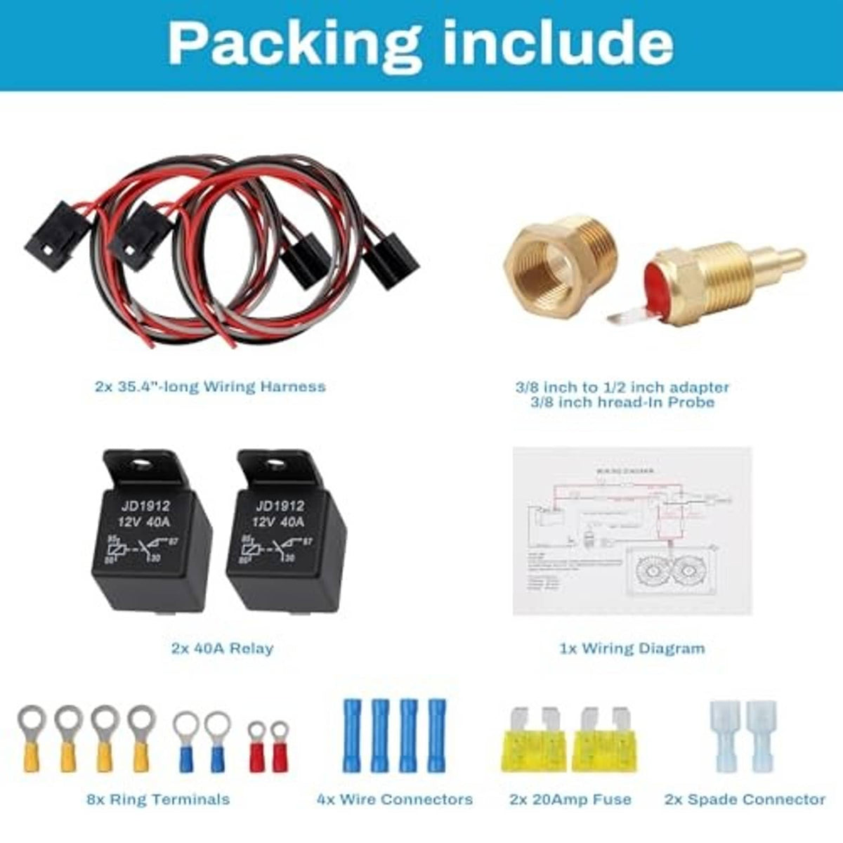 Relay kit contents: 2 relays, wiring harnesses, ring terminals, wire connectors, wiring diagram