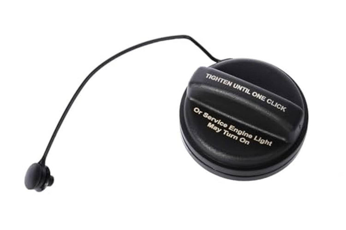 Fuel tank filler cap, black round top with tether cord and printed instructions