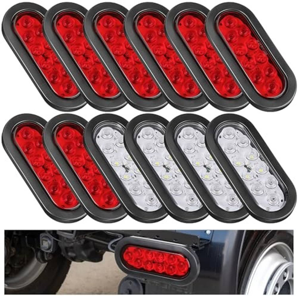 Oval LED trailer light set with red and clear lenses, black frames