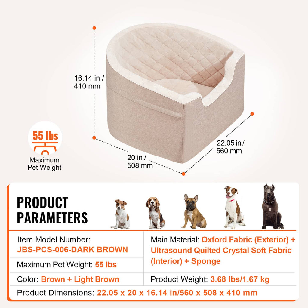 Brown pet booster car seat with quilted top and raised side edges