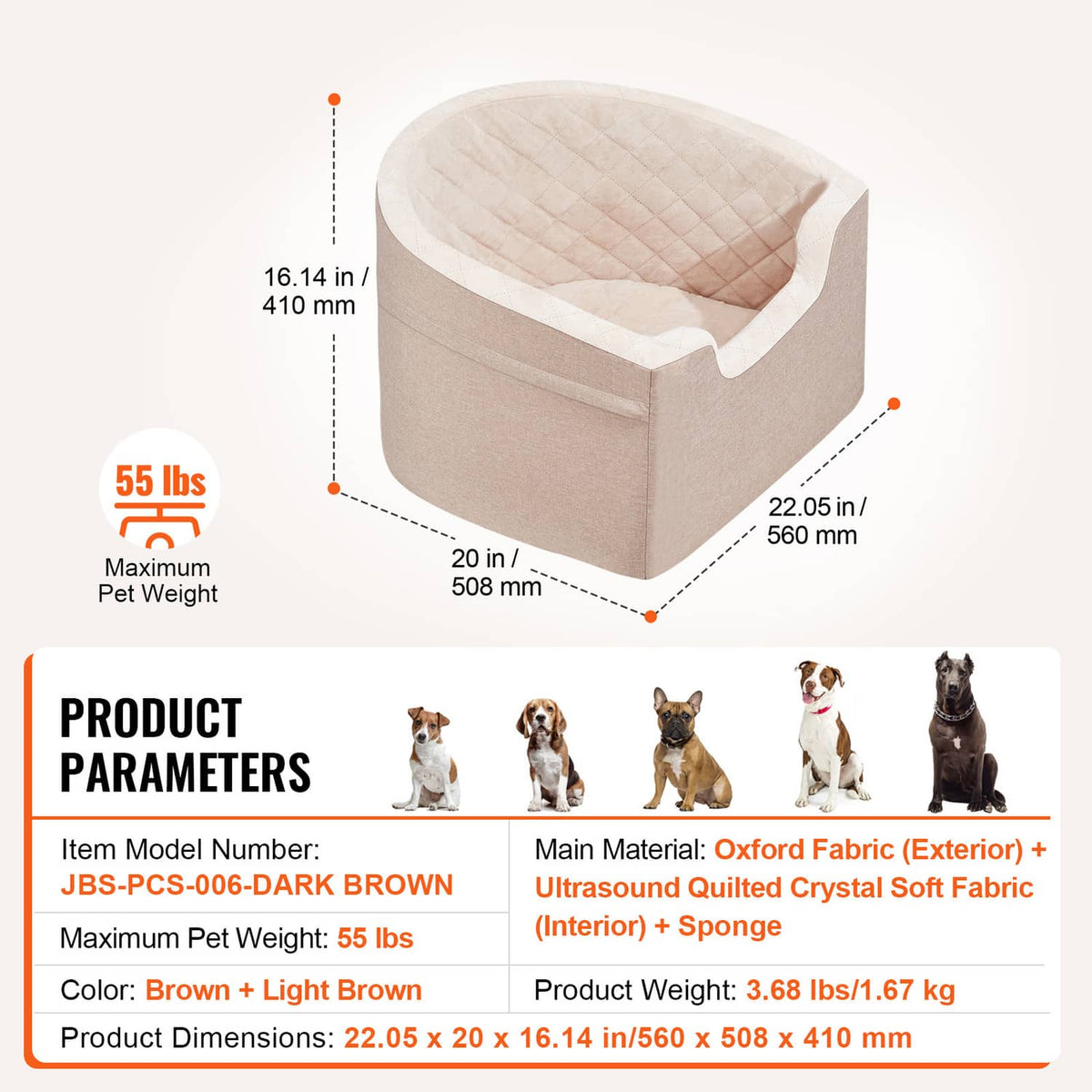 Brown pet booster car seat with quilted top and raised side edges