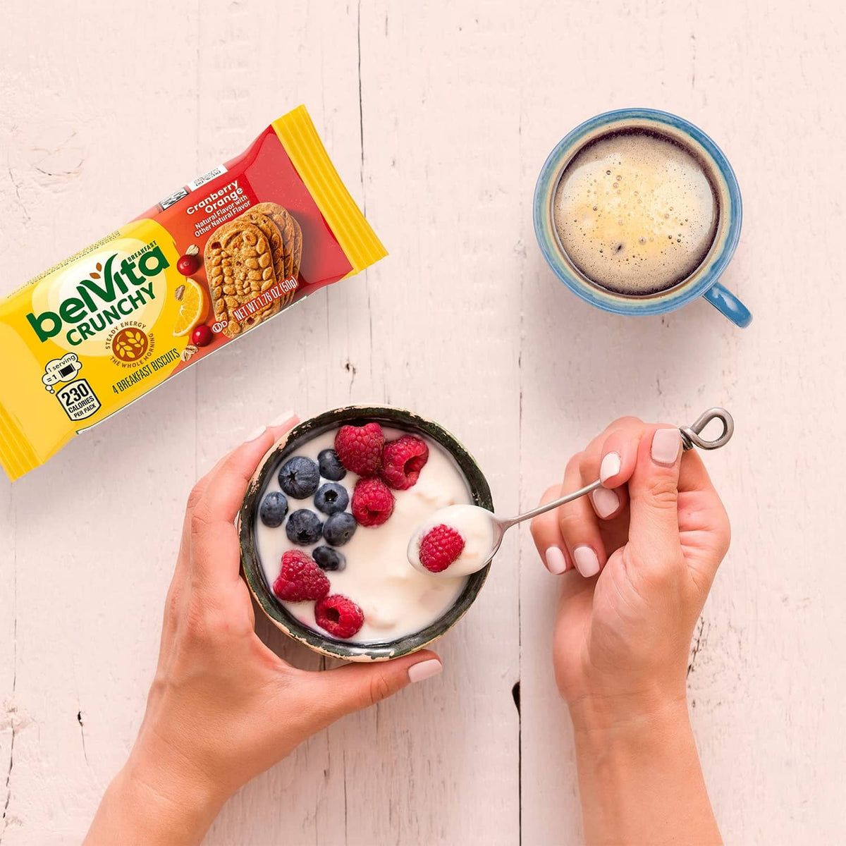 Belvita Crunchy cranberry-orange breakfast biscuits single pack with fruit yogurt bowl