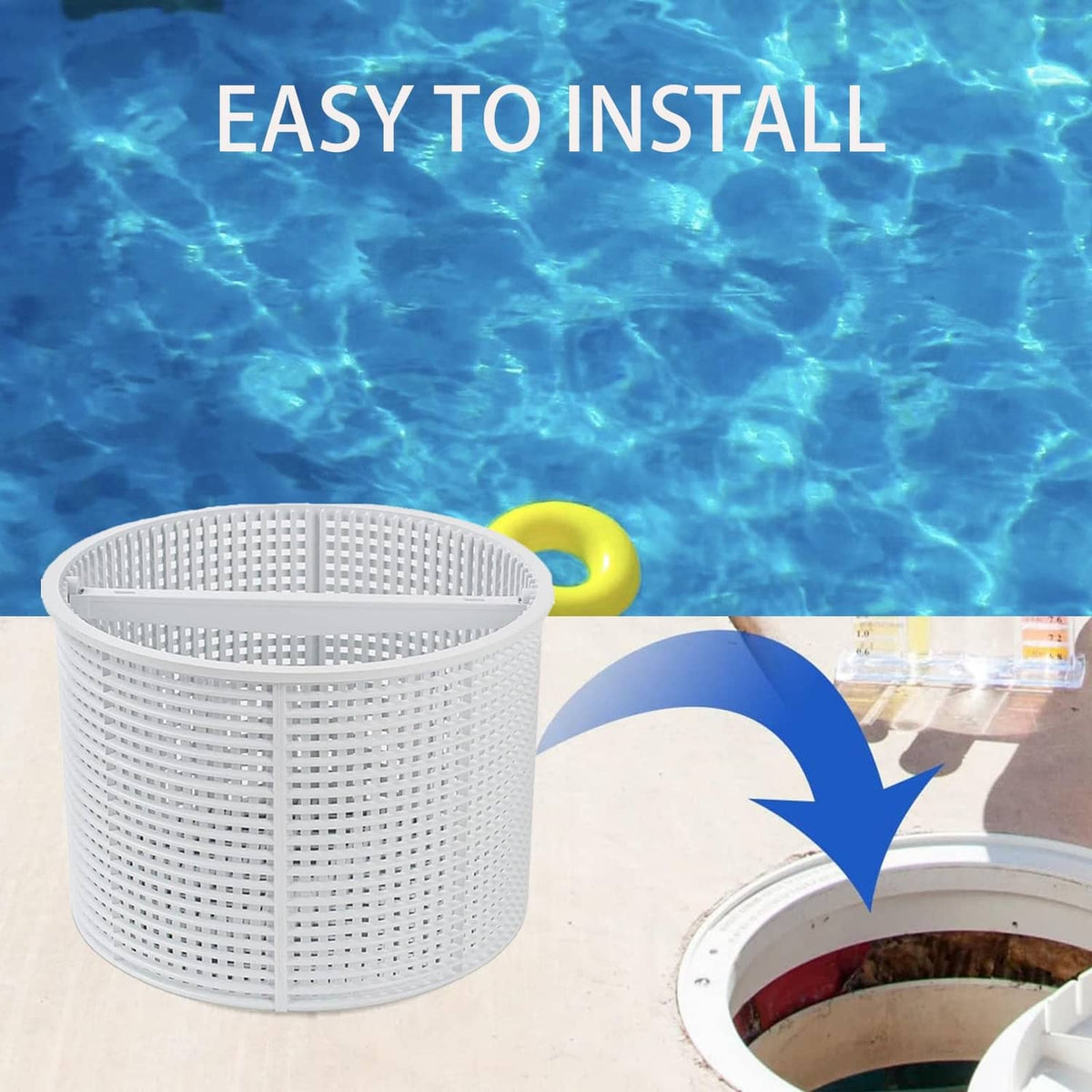 White round pool skimmer basket replacement with circular rim for skimmer outlet fitting