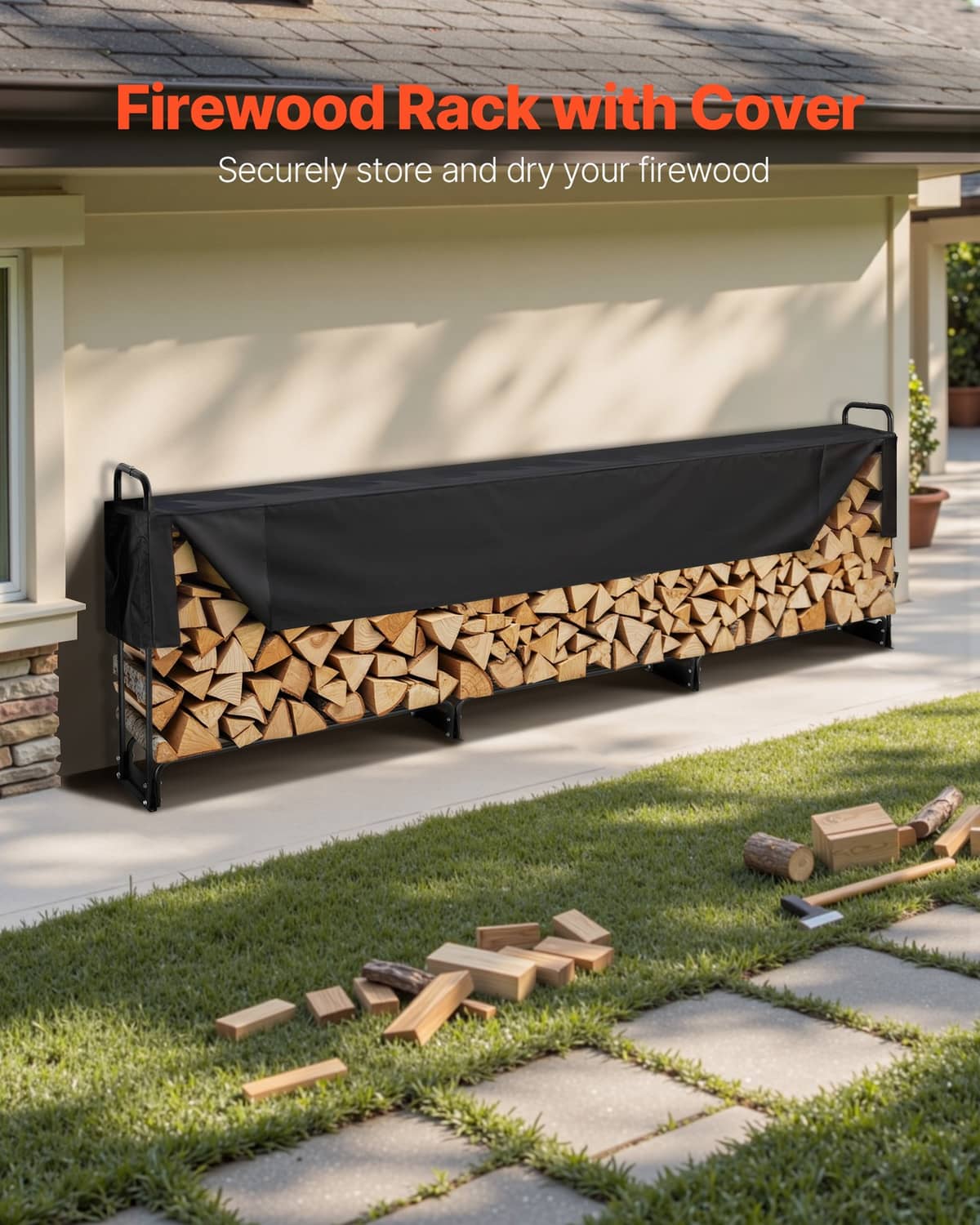 Firewood rack with cover and stacked logs, black metal frame for outdoor storage