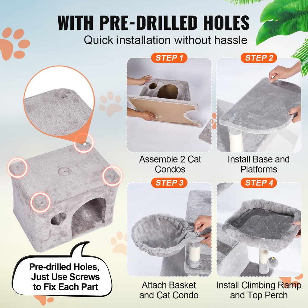 Light gray cat tree components with plush condos, posts, base platform, and ramp