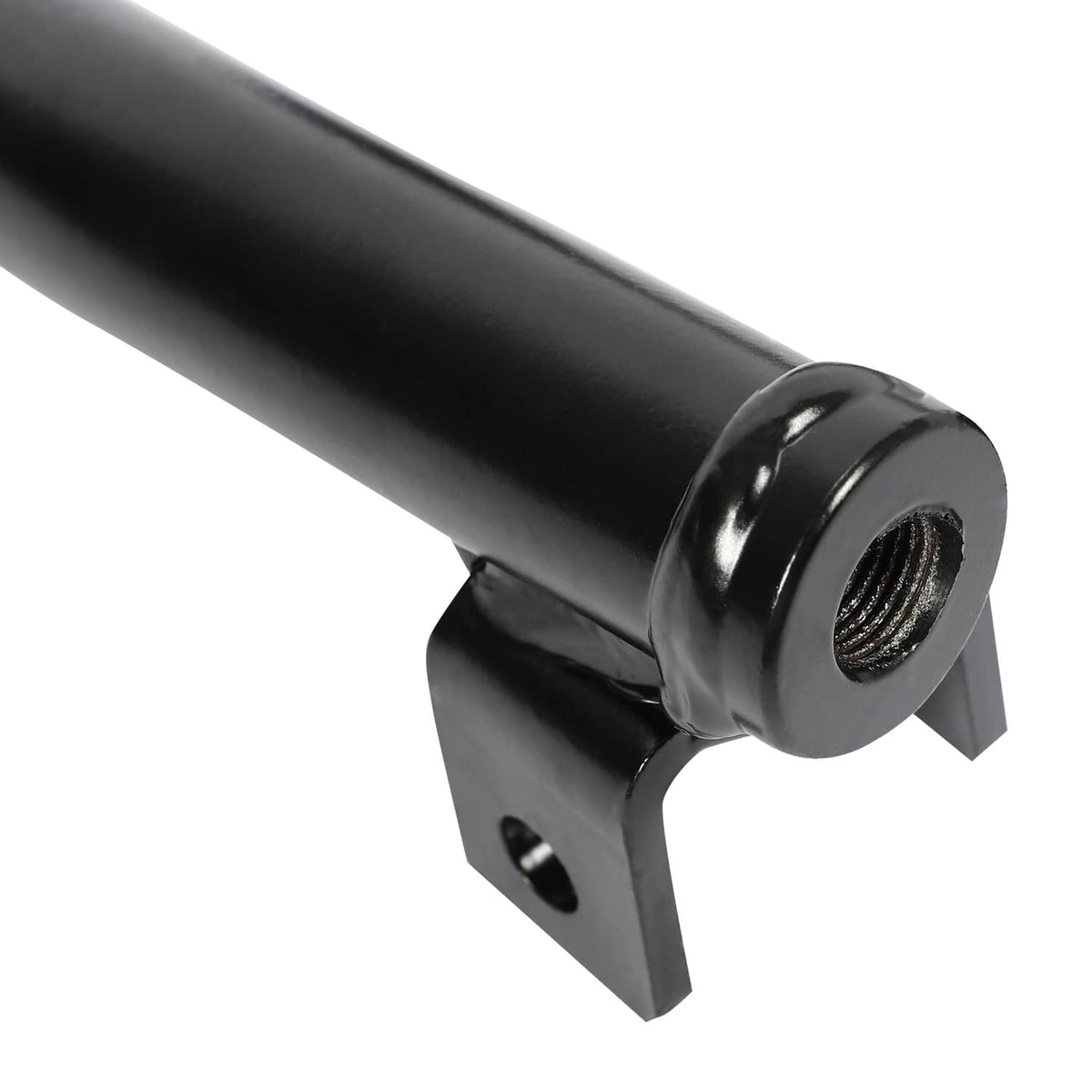 Black A-arm pivot end with threaded nut and mounting plate