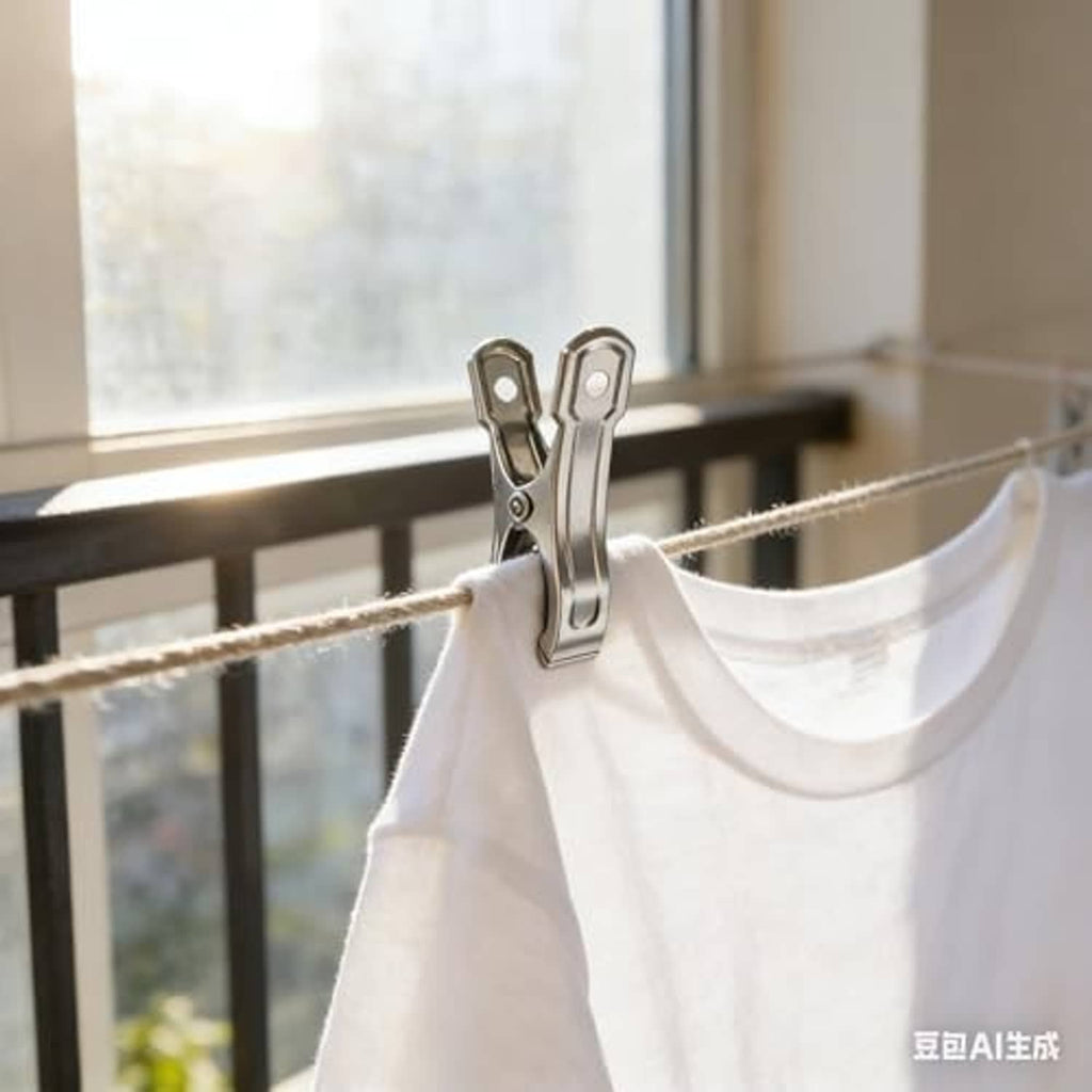 Stainless steel clamp holding a white T-shirt on a clothesline