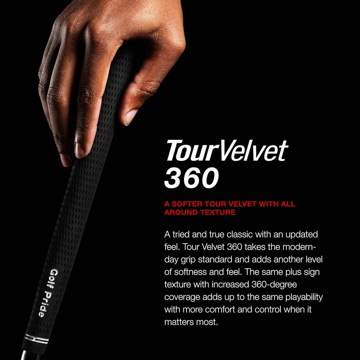 Black golf club grip with textured surface, held in a golfer’s hand