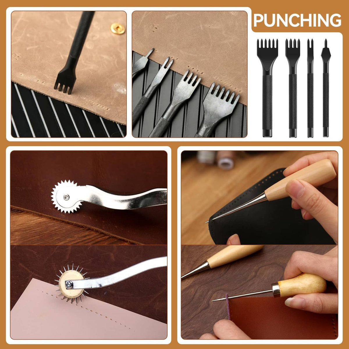 Punching tools for leather, including comb punch and hand punching on a hide