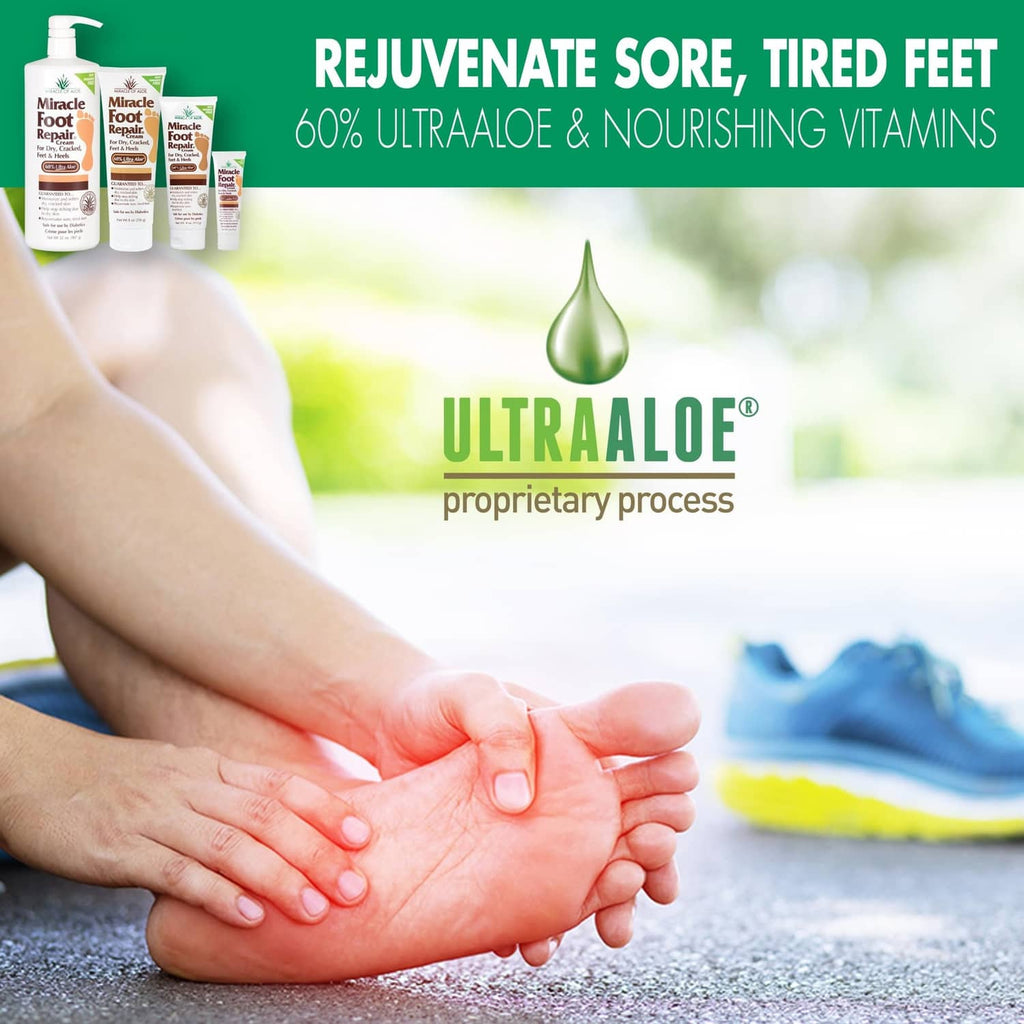 Foot repair cream while hands massage sore feet on a carpet