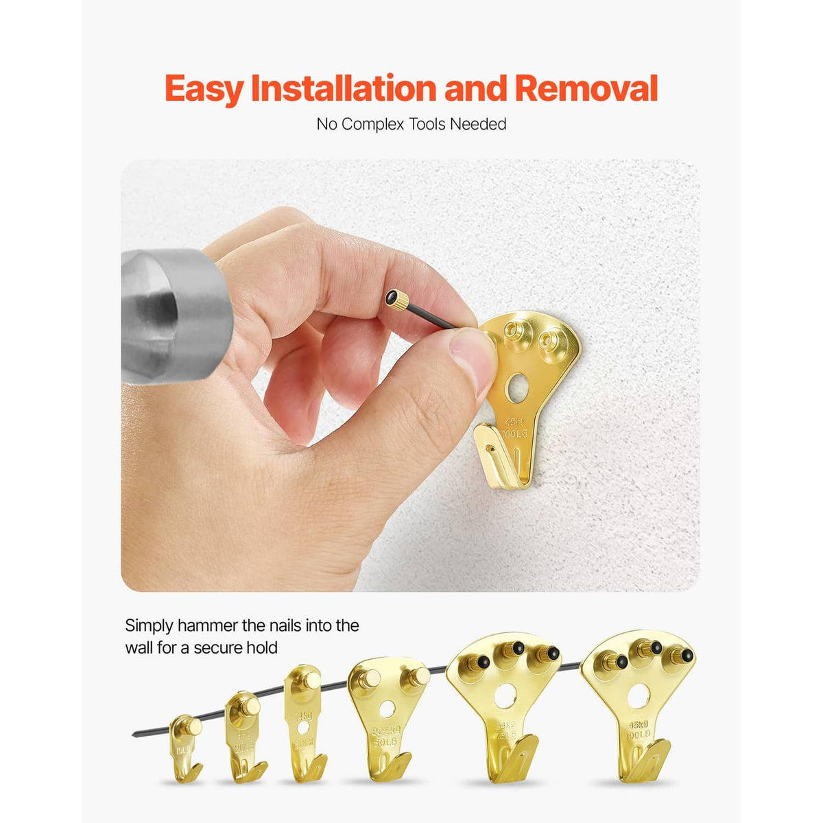 Gold metal picture hanging hook set with nails for easy installation and removal
