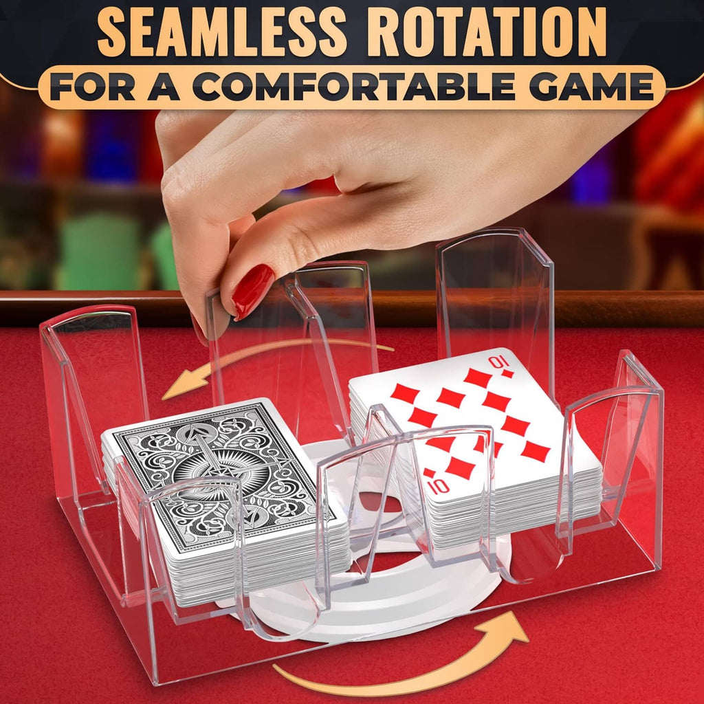 Transparent plastic card holder with rotating deck compartments and hands adjusting cards.