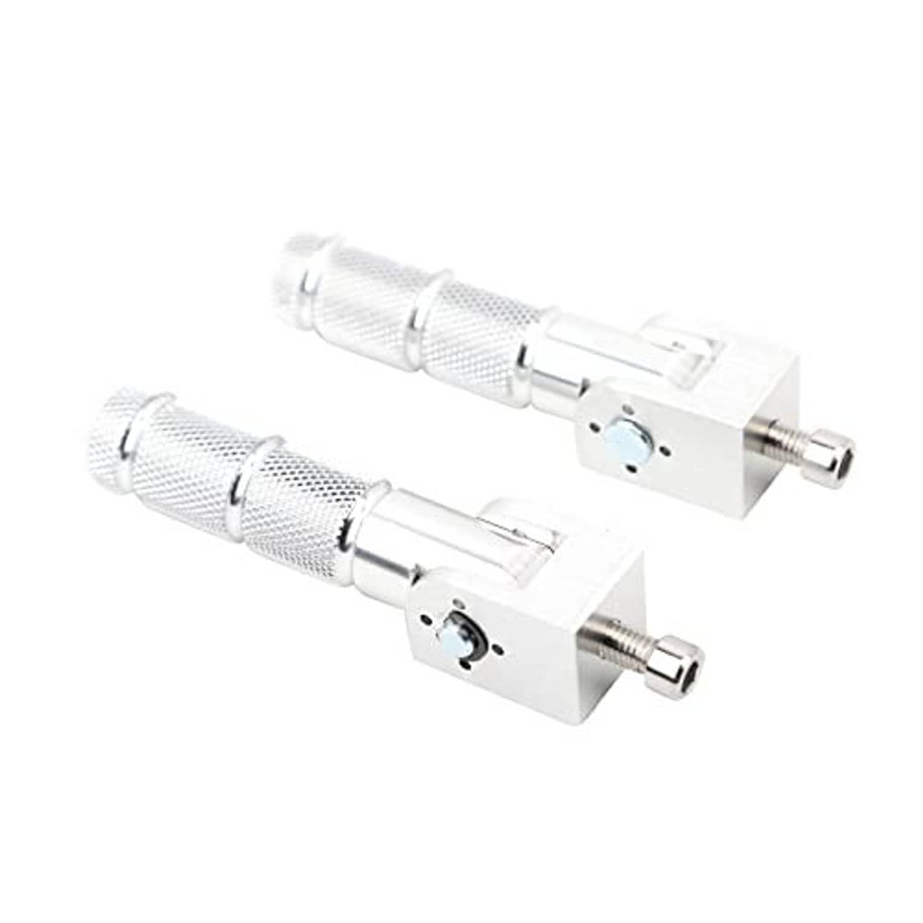 Pair of silver folding motorcycle foot pegs with knurled texture and pivot mounts