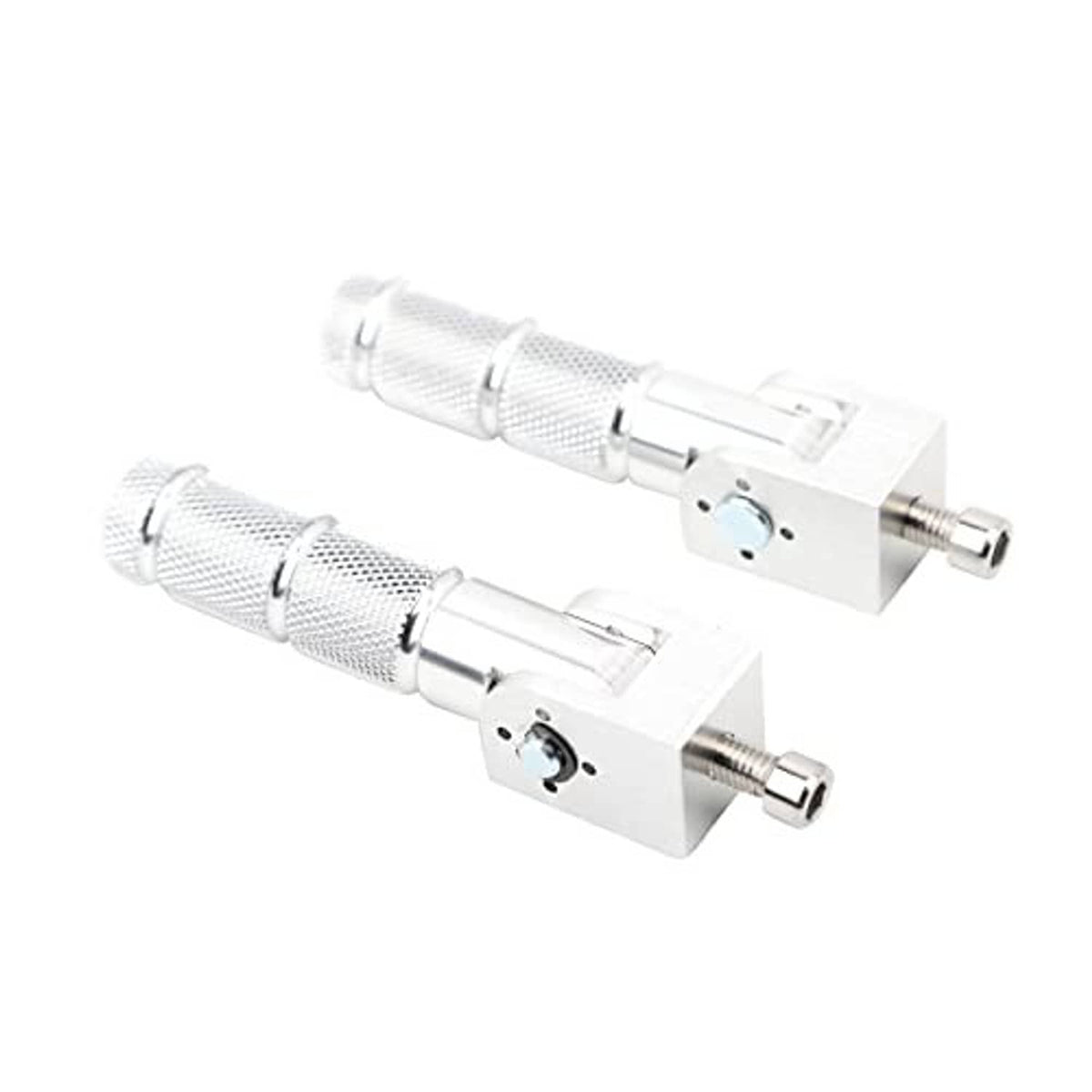 Pair of silver folding motorcycle foot pegs with knurled texture and pivot mounts