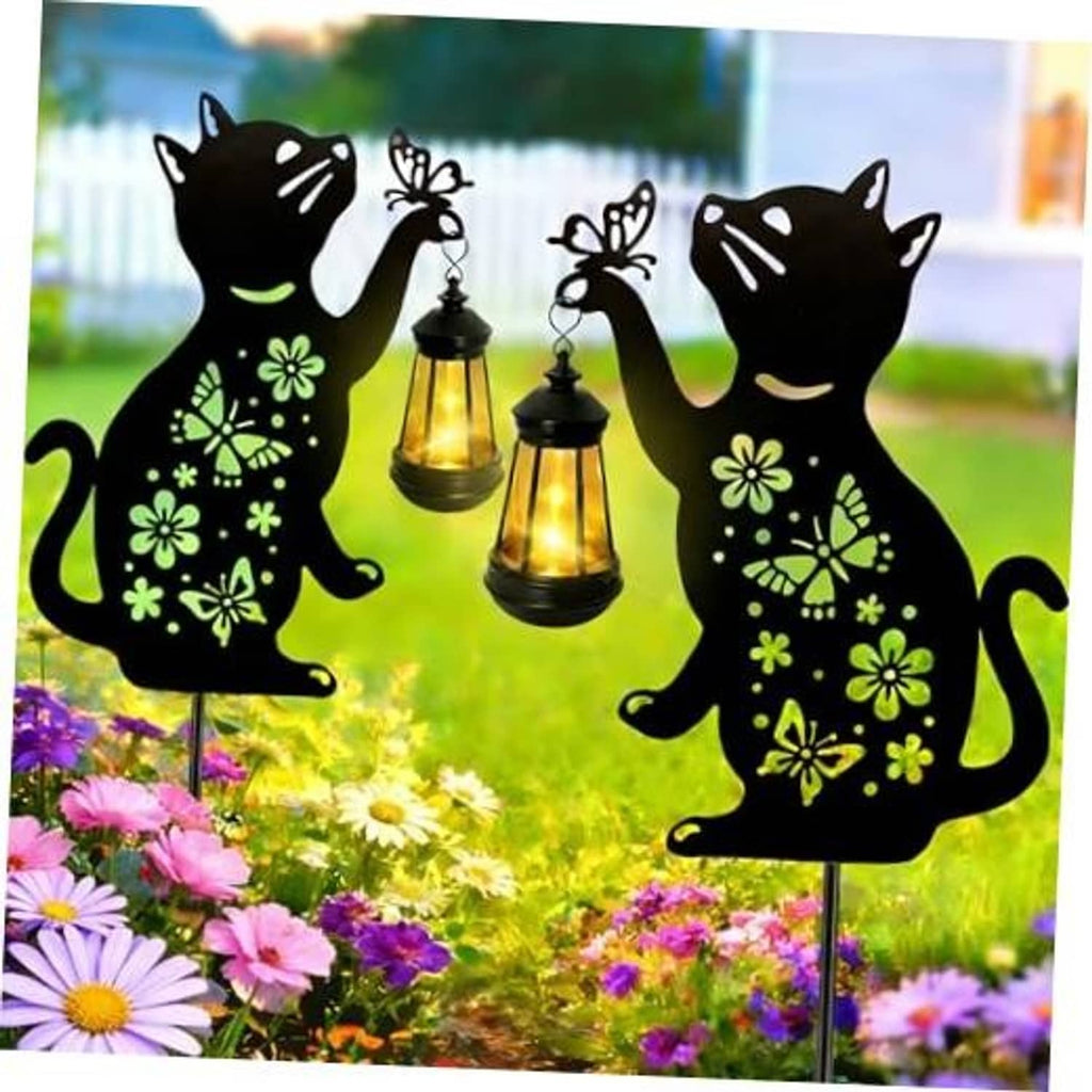 Black cat-shaped solar hanging lantern with floral cutout design