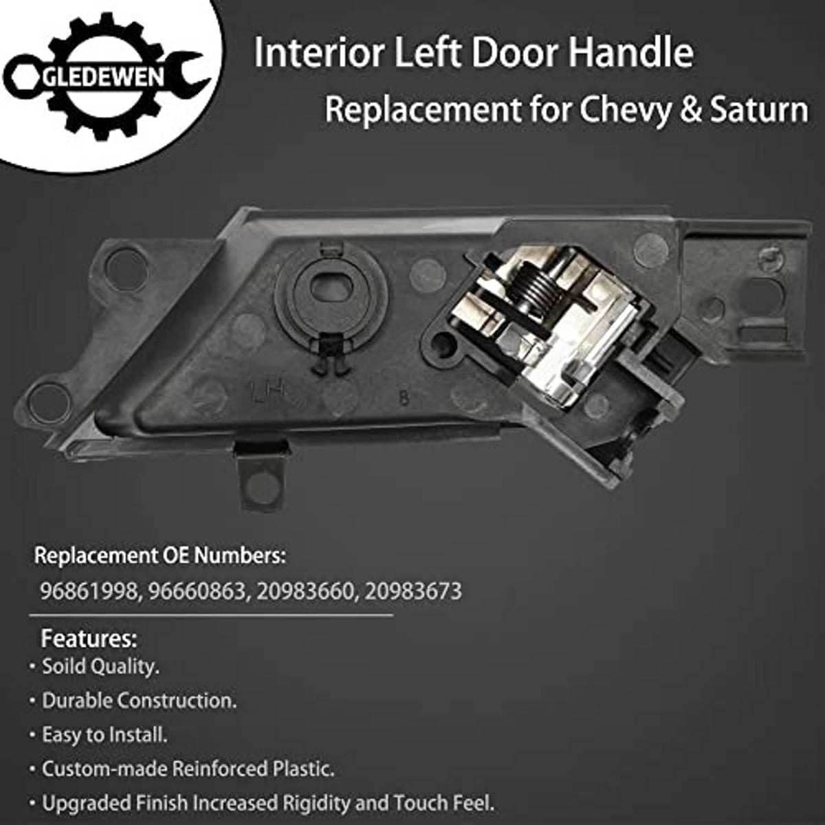 Interior door handle mechanism with chrome lever, spring latch, and black molded housing