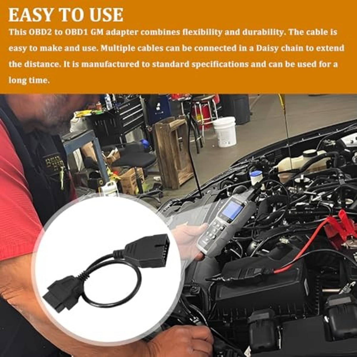 OBD1 to OBD2 12-pin to 16-pin adapter cable in a car engine bay setup