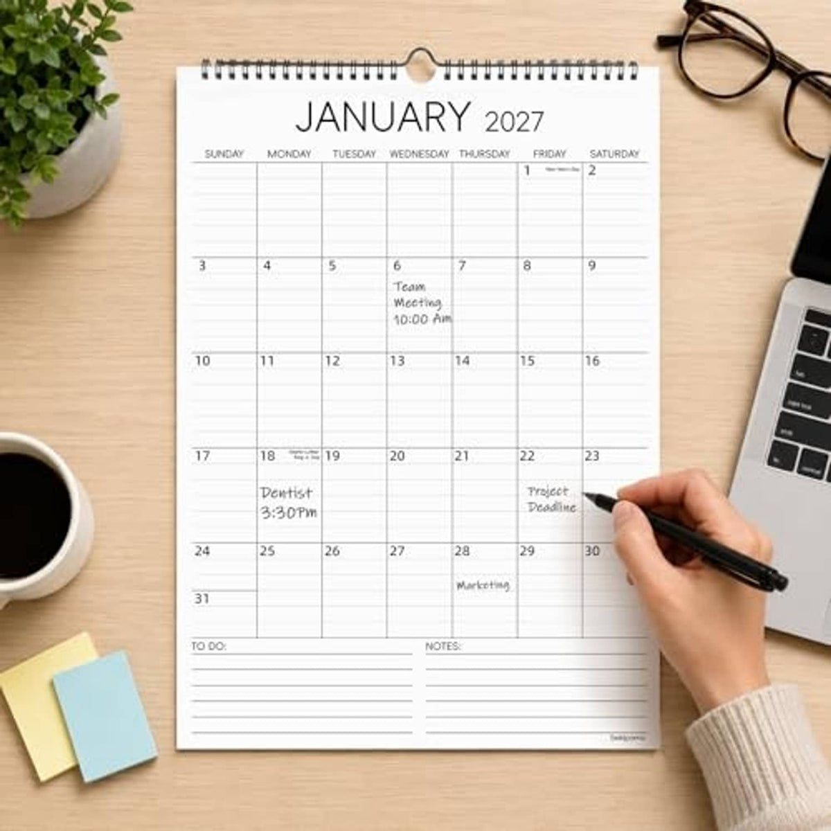 January 2027 wall calendar with monthly grid, to-do and notes sections