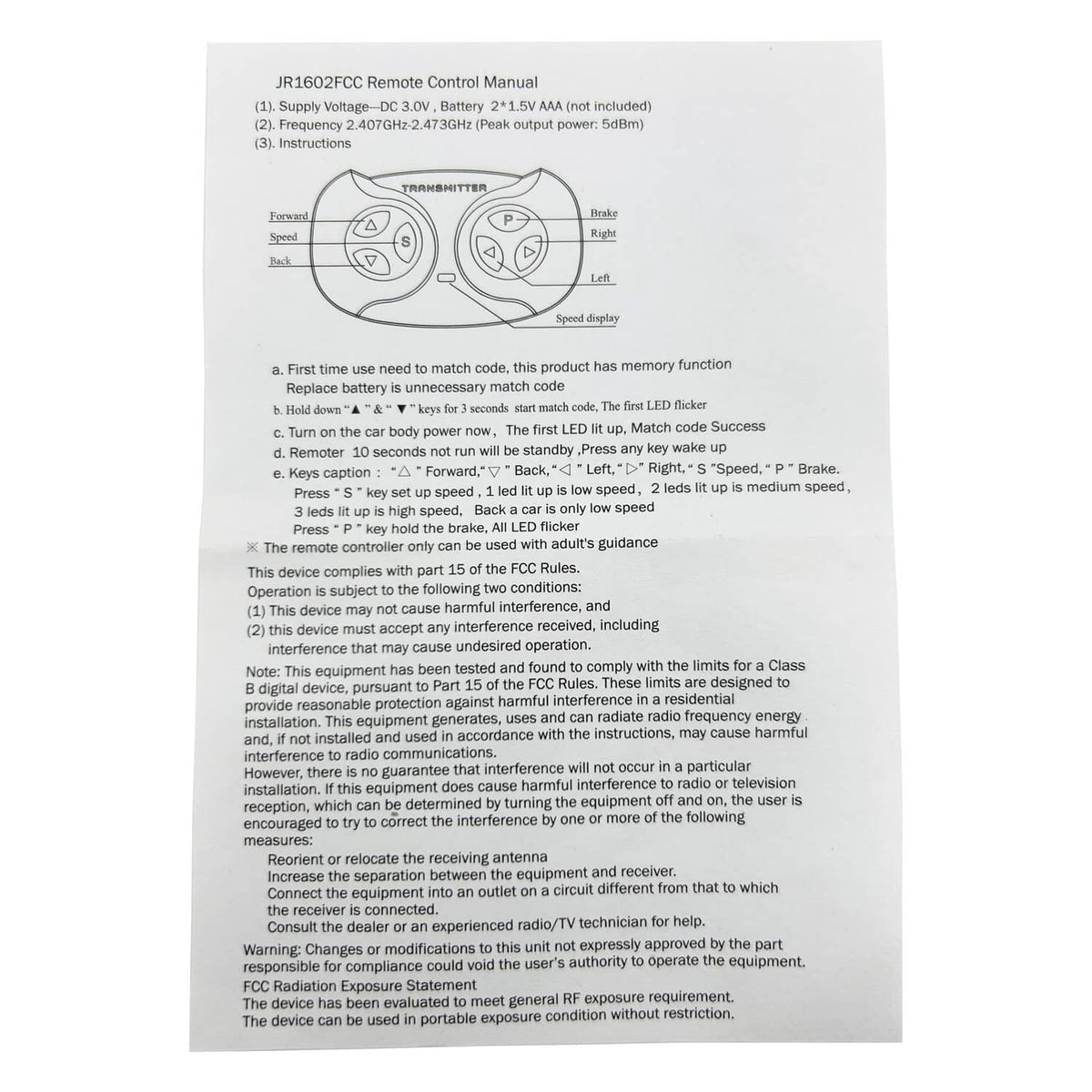 Remote control instruction page with transmitter button diagram and coding notes