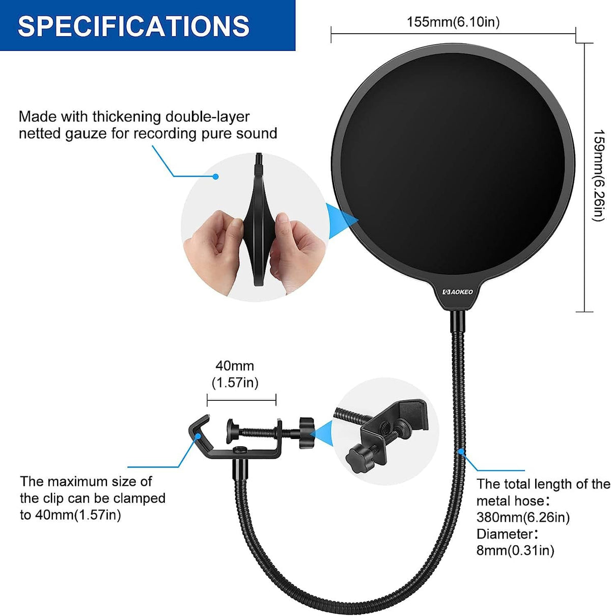 Black round pop filter shield with flexible metal hose and clip mount