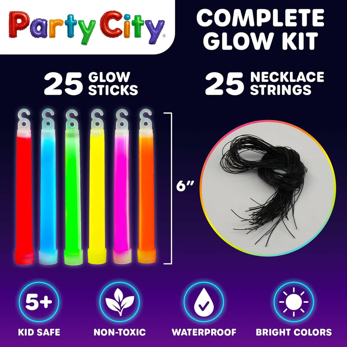 Glow kit with 25 6-inch glow sticks and 25 necklace strings