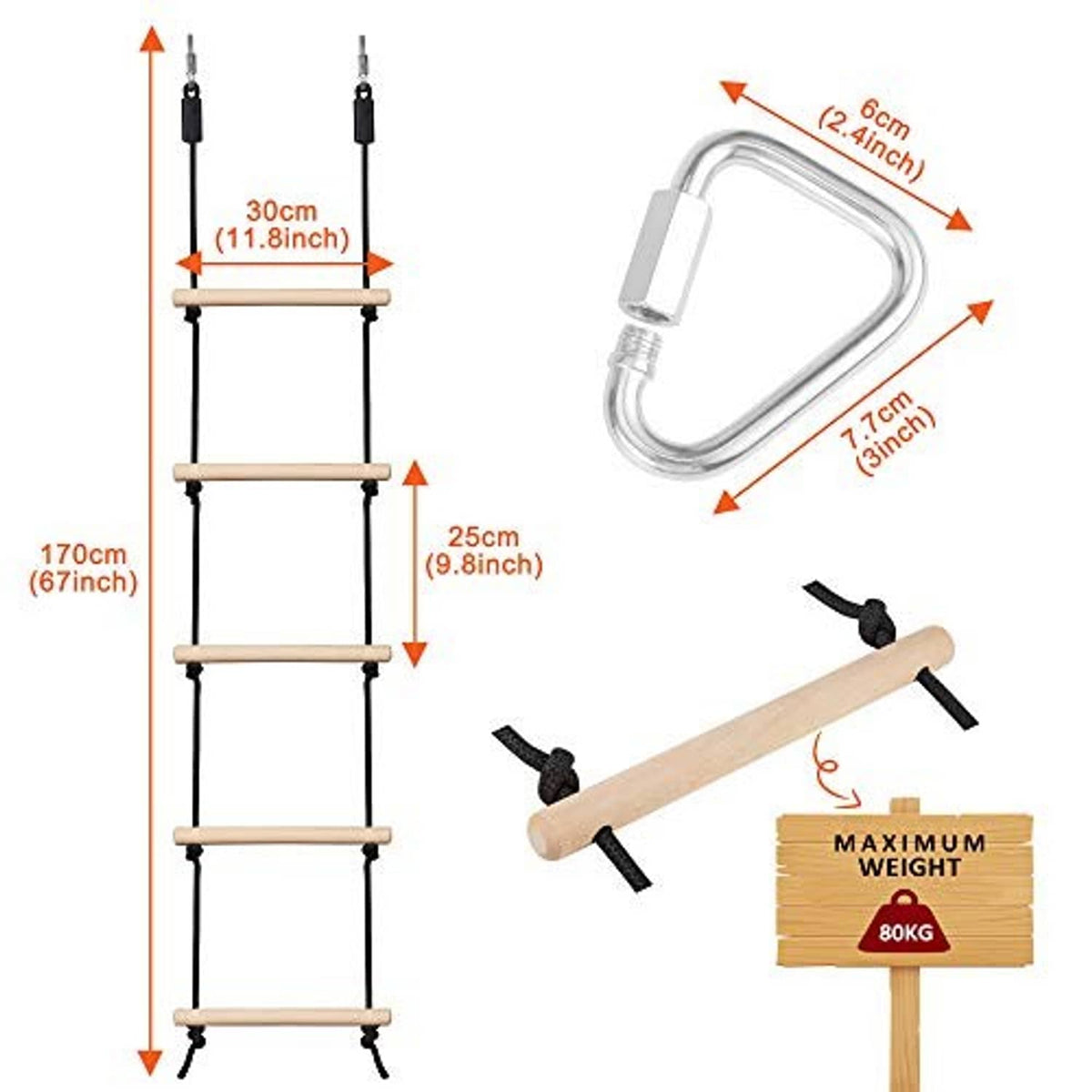 Rope climbing ladder set with wooden rungs, black ropes, U-shaped carabiner attachment