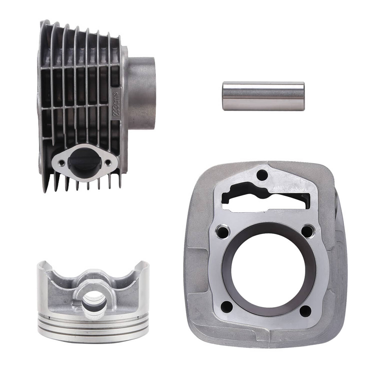 Exploded top end kit parts: cylinder, piston, wrist pin, and gasket set