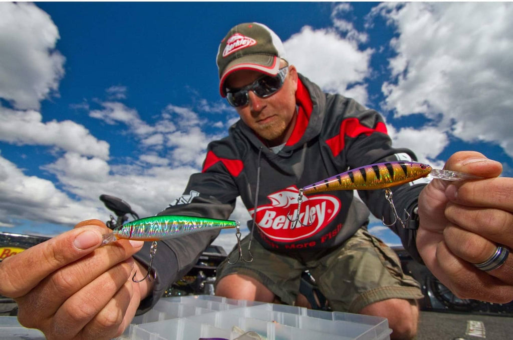 Metallic purple crankbait lure with gold accents and two treble hooks