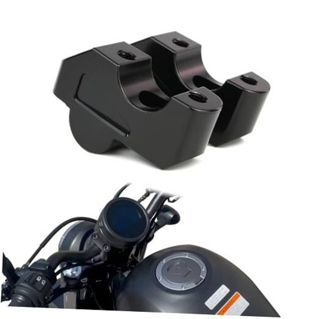 Black motorcycle handlebar riser clamp with mounting bolts, CNC-machined aluminum