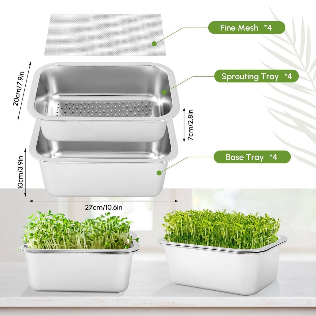 Stack of four square stainless sprouting trays with base and fine mesh insert