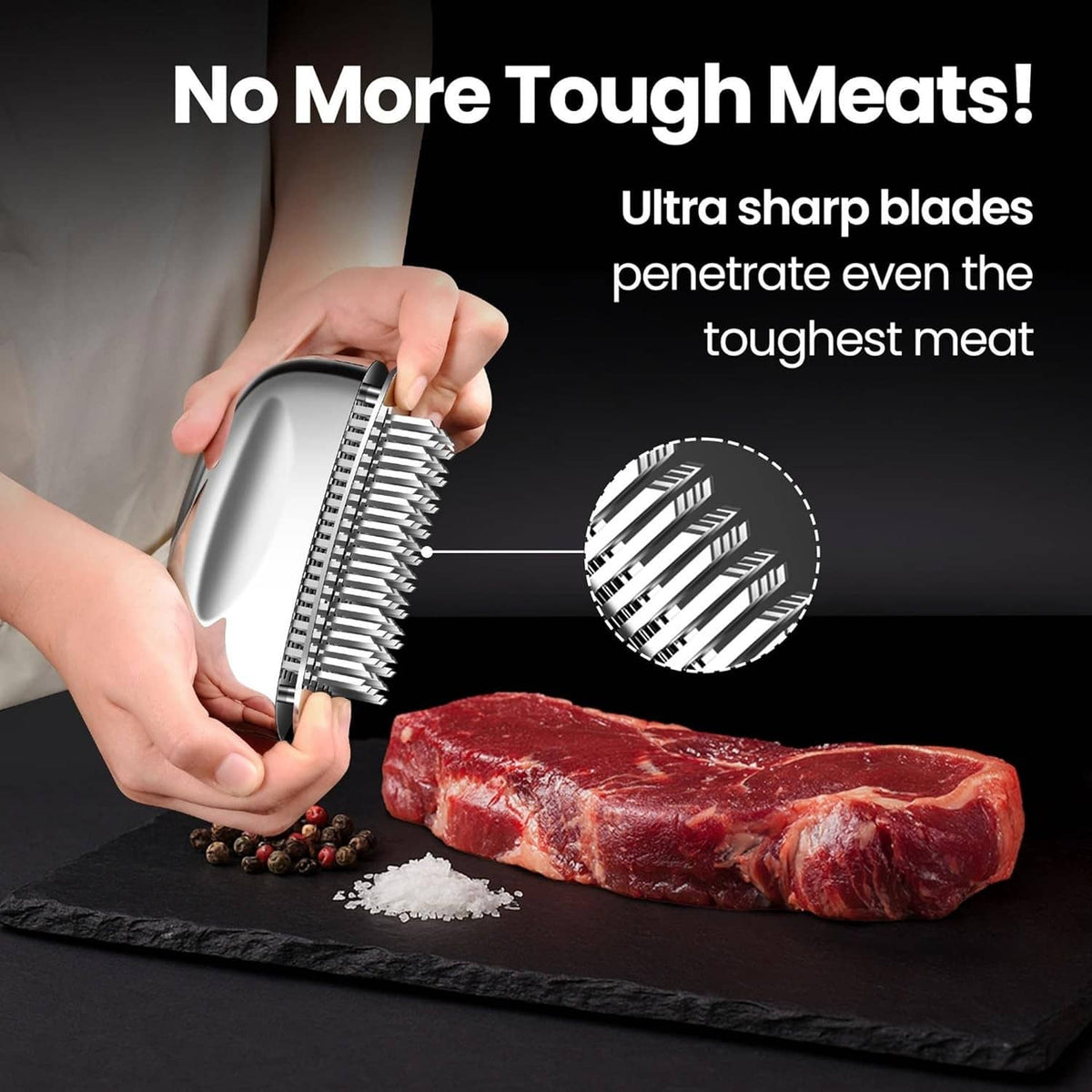 Meat tenderizer tool with tall needle blades on metal base, held above steak