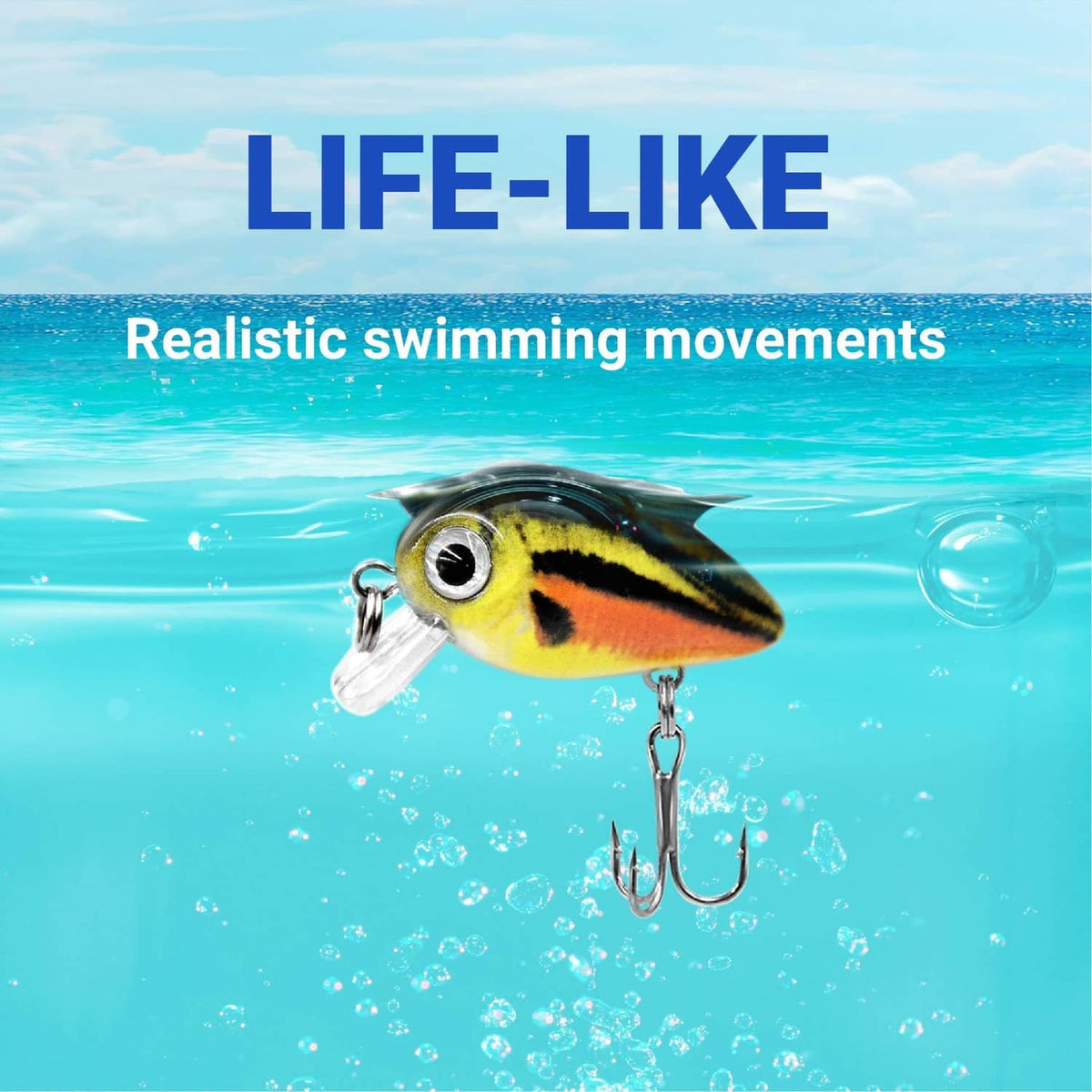 Micro crankbait lure in yellow-black-orange pattern with front lip and treble hook