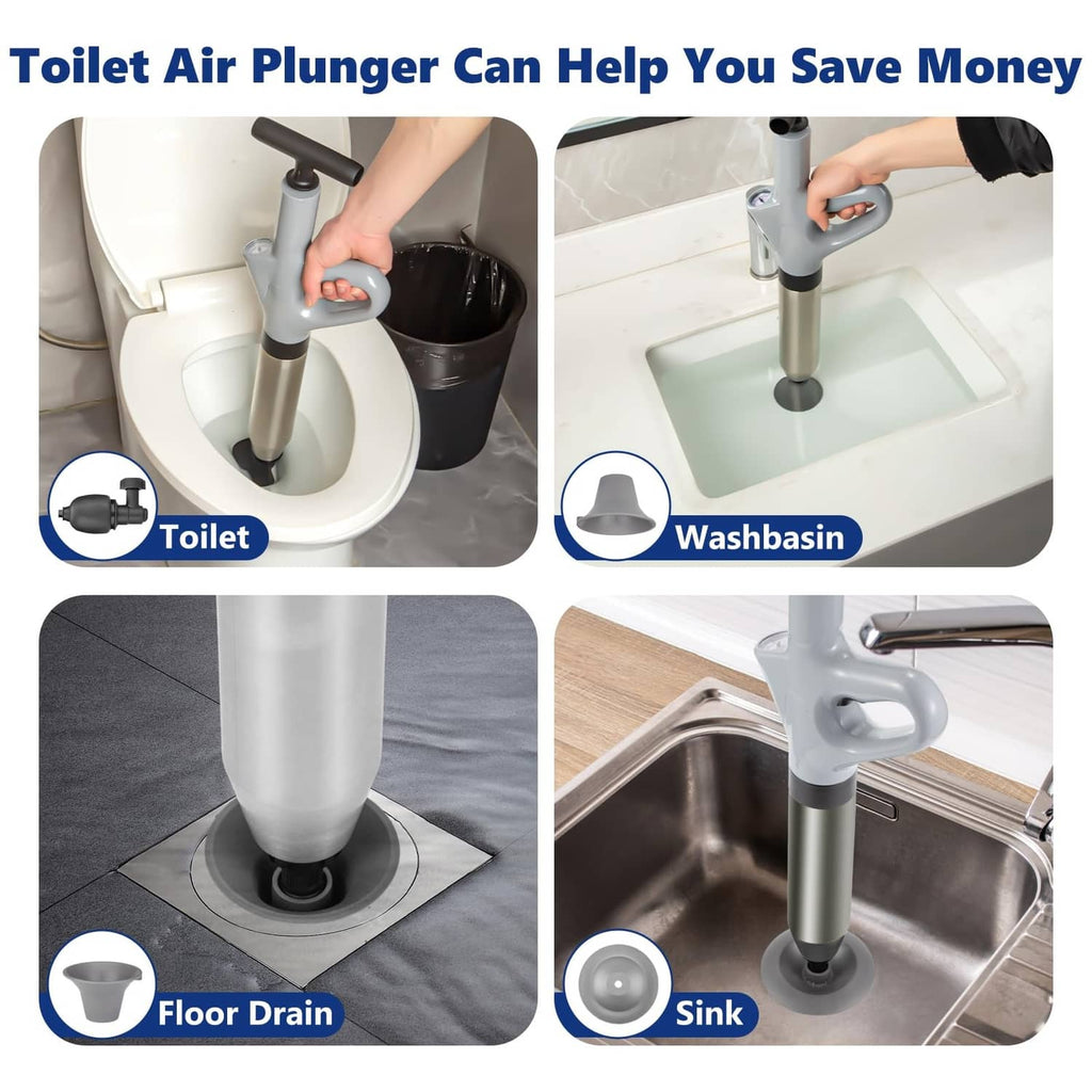 Gray toilet air plunger for use on toilet bowl, washbasin, sink, and floor drain
