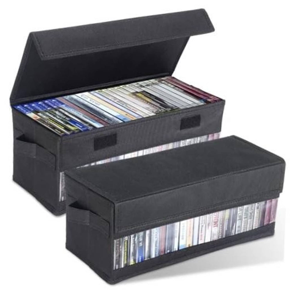 Black media storage box with clear window and hinged lid, holds multiple discs