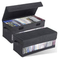 Black media storage box with clear window and hinged lid, holds multiple discs