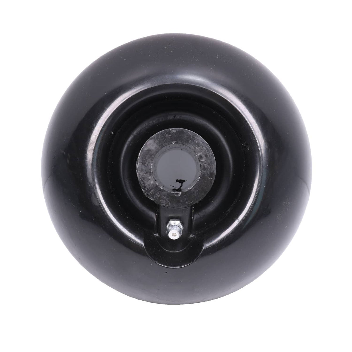 Black deck mower wheel with steel hub and axle bolt