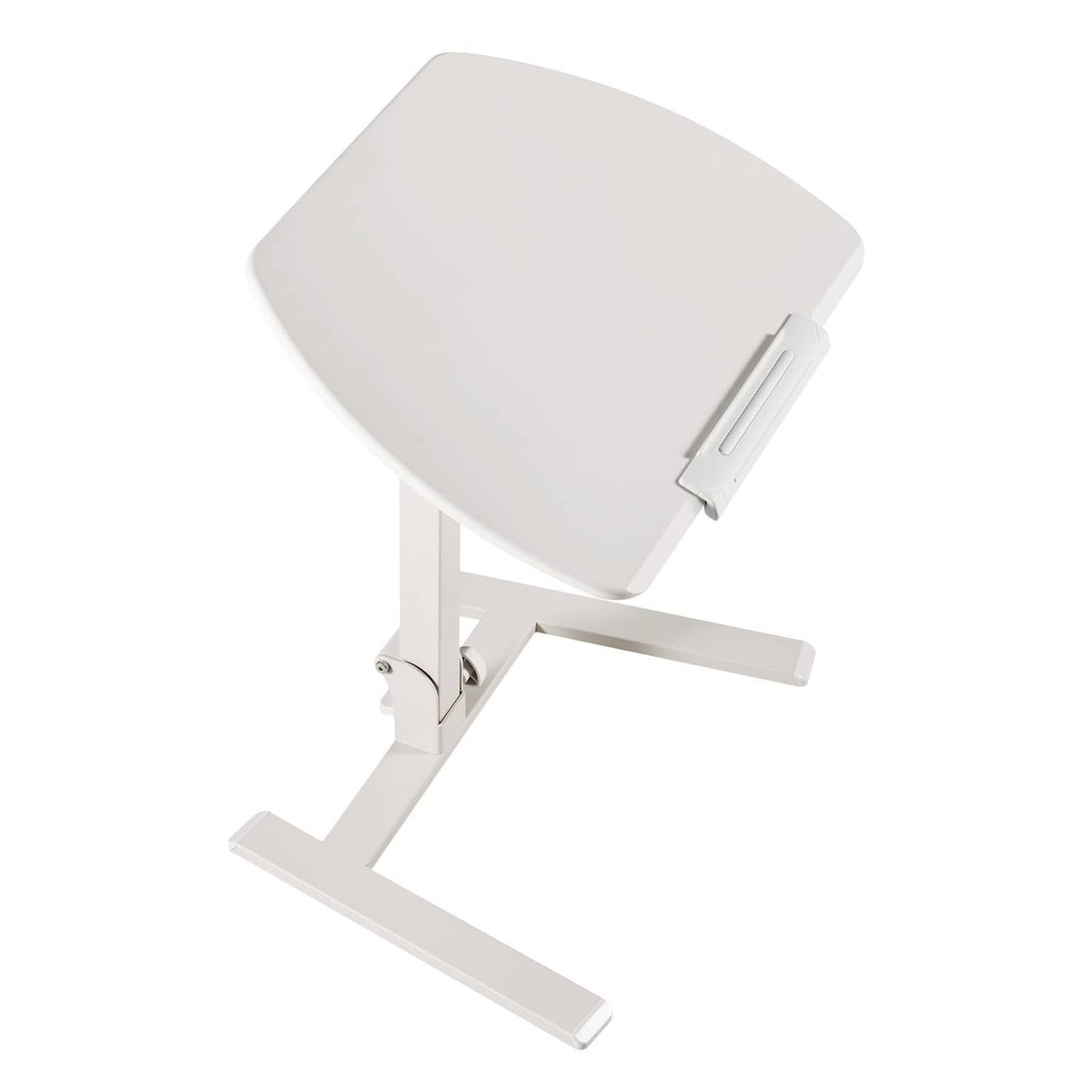 Adjustable height standing desk with rounded light tabletop and white metal support legs