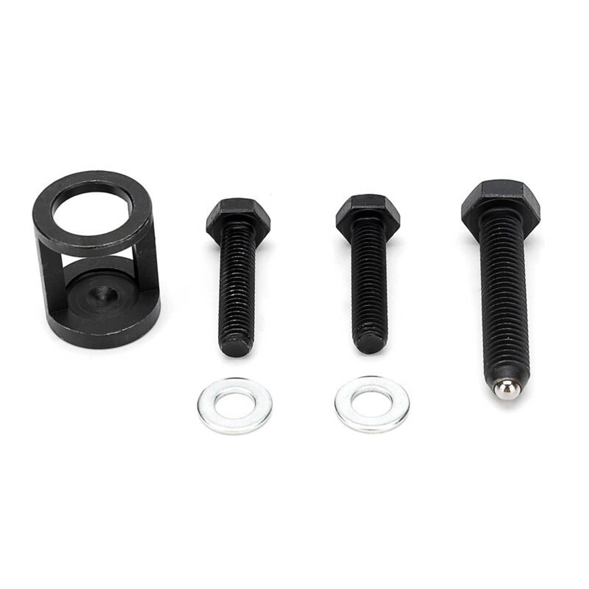 Valve spring compressor kit parts: black clamp, bolts, and two metal washers