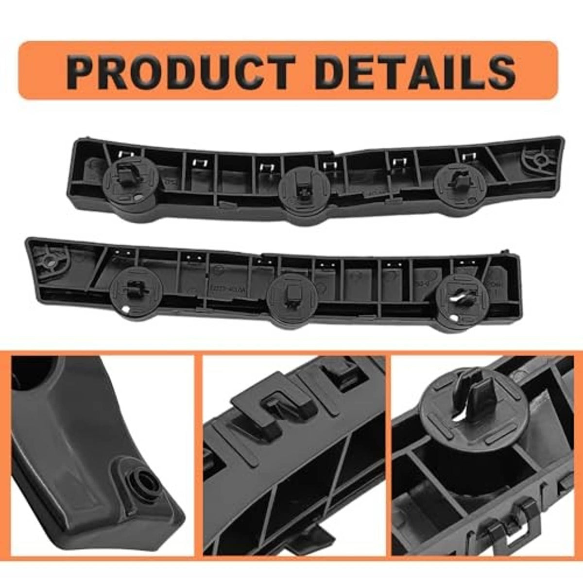 Front bumper brackets with open interior housings and circular mounting ports, dark plastic