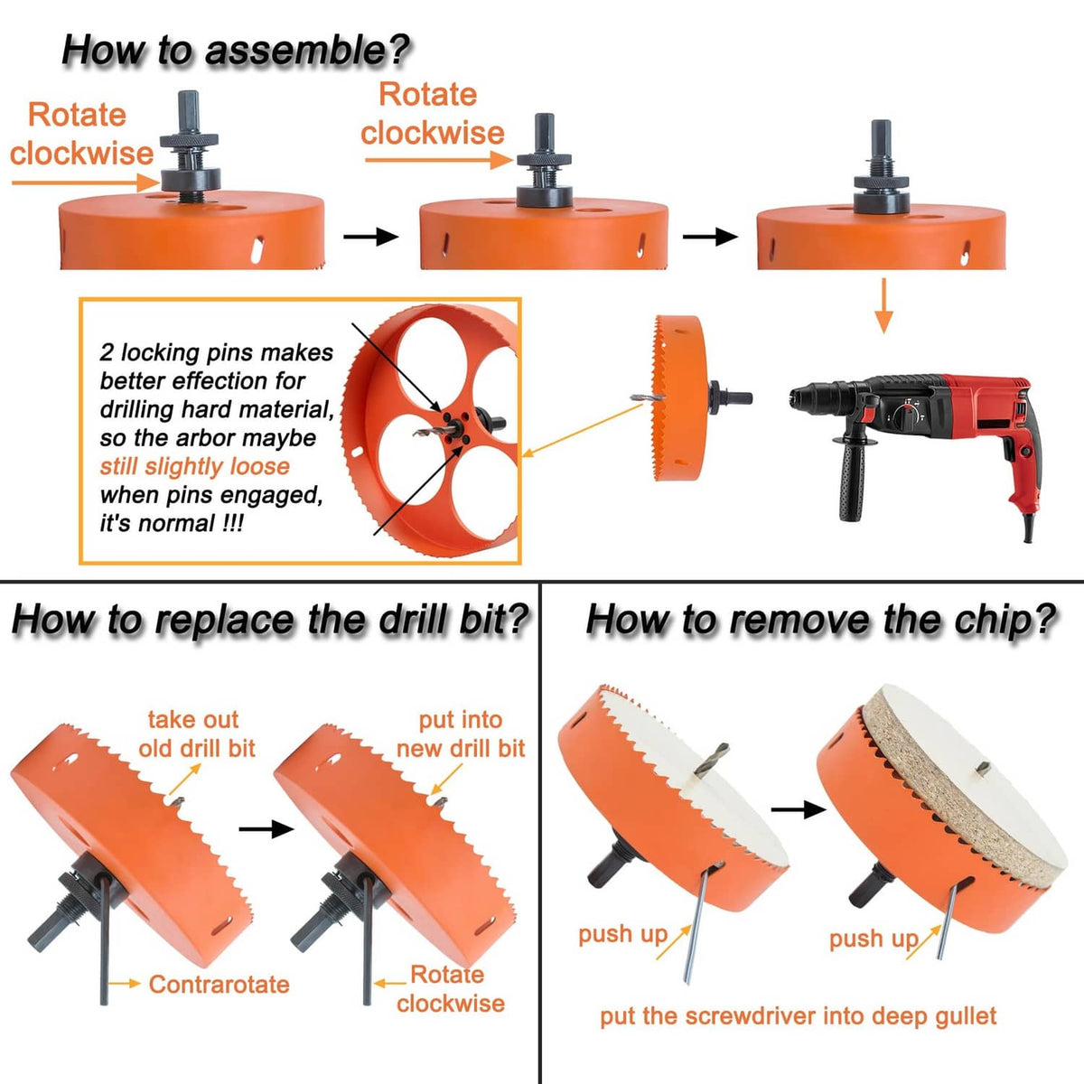 Orange hole saw mounting steps on drill, showing drill bit and arbor connection