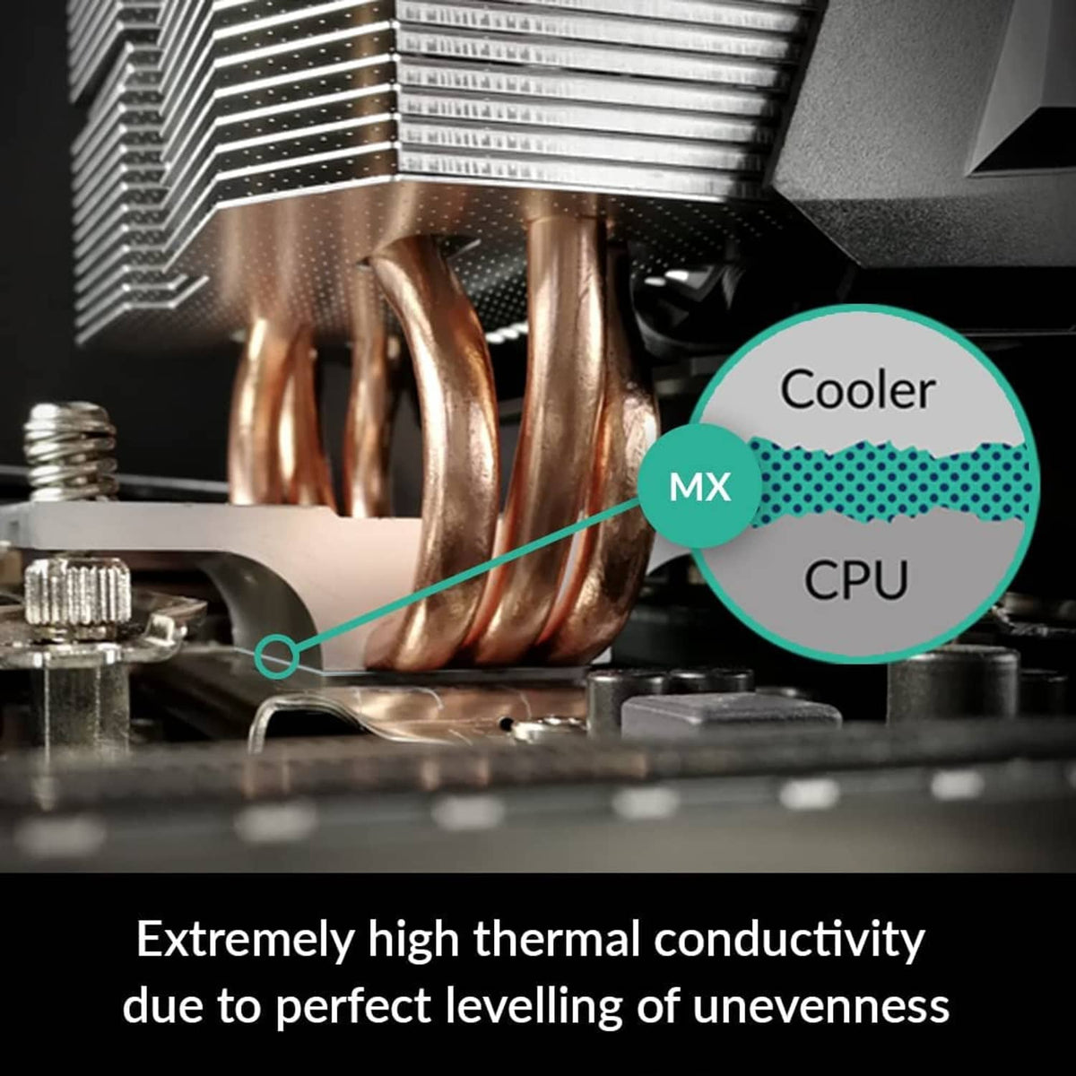Thermal paste applied on CPU cooler area between copper heat sink fins