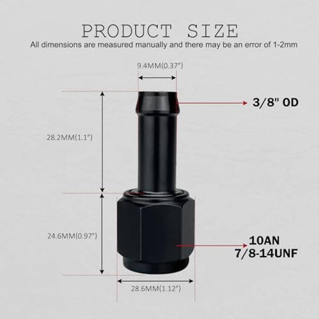 Black 10AN female to 3/8" barb hose adapter product size diagram