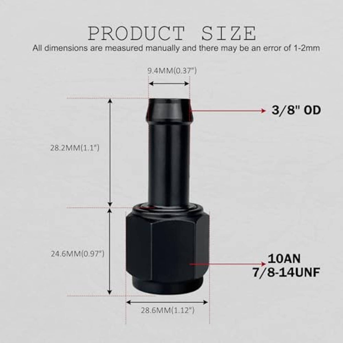 Black 10AN female to 3/8" barb hose adapter product size diagram
