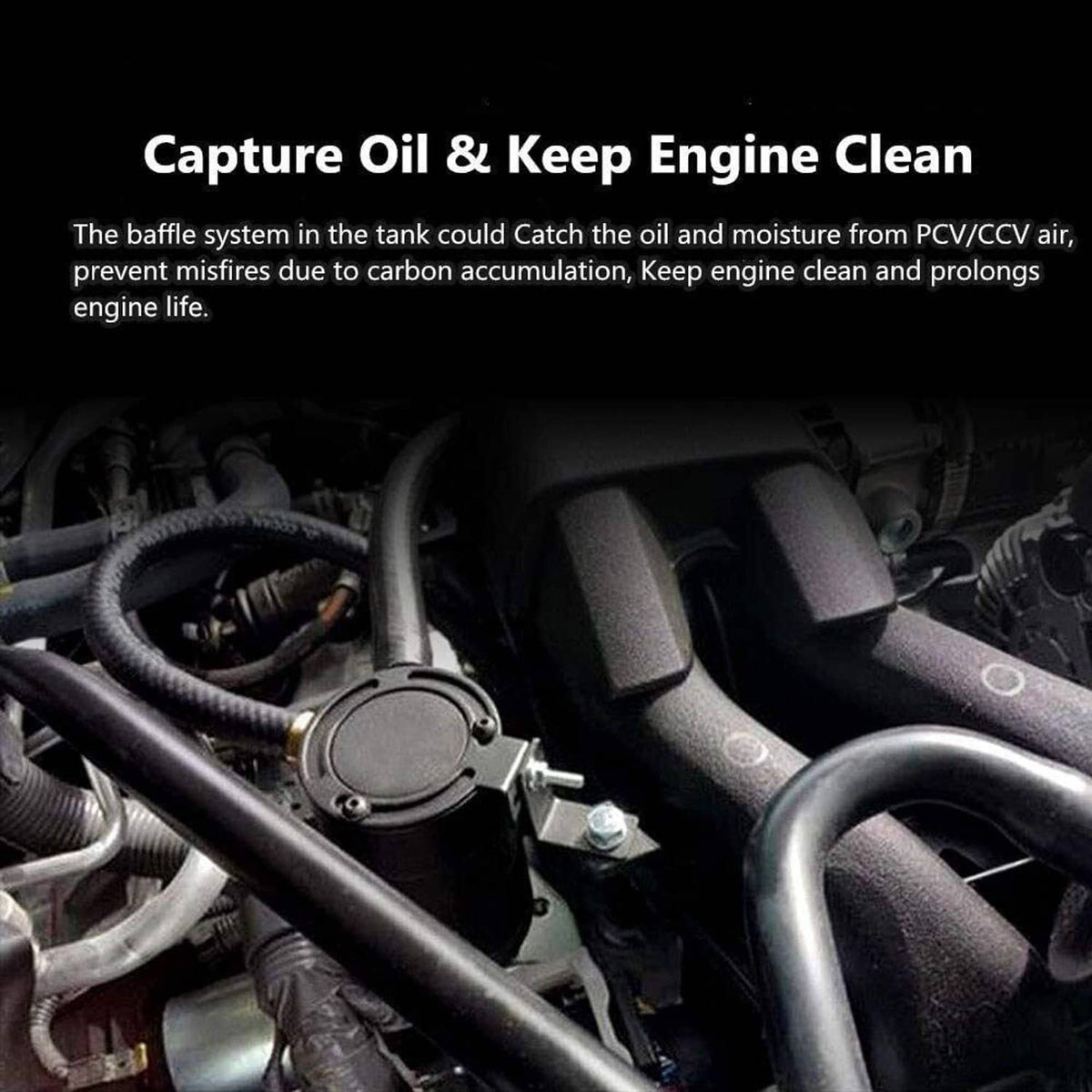 Black 3-port oil catch can mounted in engine bay with connected hoses