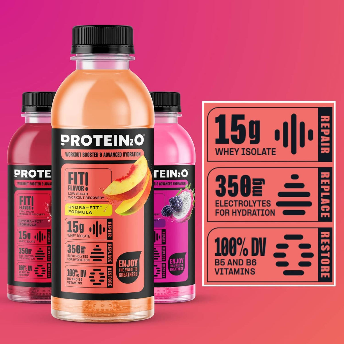Protein hydration drink bottles lineup, 15g whey isolate and electrolytes per bottle